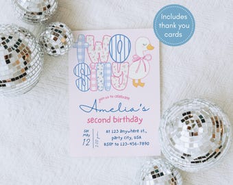 Two Silly Goose 2nd Birthday Invitation, Editable Canva Template, Pink Gingham Preppy Party Invite, Grandmillennial Digital Download