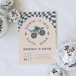 Monster Truck 5th Birthday Invitation | Fifth Gear Invite Editable Canva Retro Boho Digital | H3P9