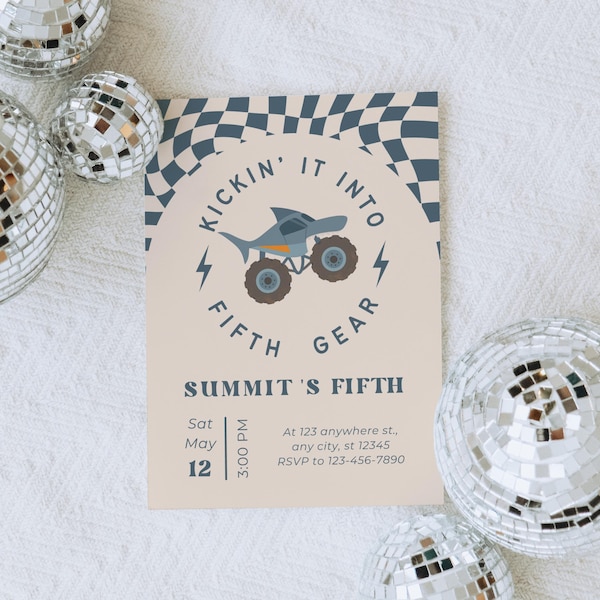 Invito per il quinto compleanno di Monster Truck / Invito Fifth Gear modificabile Canva Retro Boho Digital / H3P9