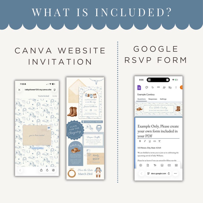 May include: A digital invitation design with a cowboy theme, including a Canva website invitation and a Google RSVP form. The design features illustrations of cowboy boots, a cowboy hat, and a horseshoe, with the text "What is Included?" at the top.