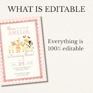 May include: A pink and white gingham-bordered invitation with the text "WHAT IS EDITABLE". The invitation features a farm animal illustration and the text "AMELIA is turning three!" with event details.