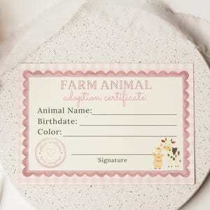 Preppy pink farm animal adoption sign on a table with plush toys, perfect for adopt a farm animal station, farm animal games, barnyard party game, and kids barn bday favor, Canva editable printable decor.
