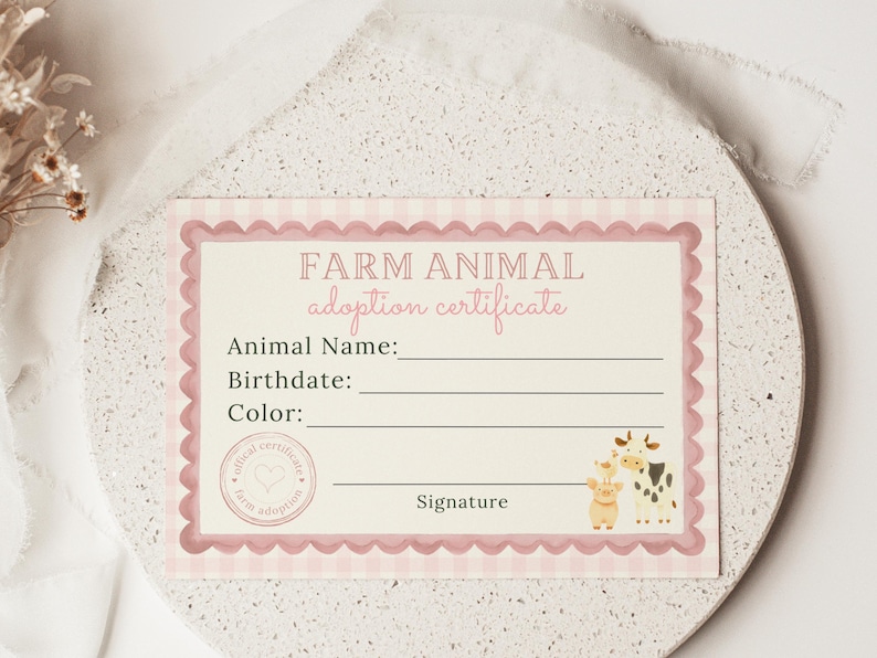 Preppy pink farm animal adoption sign on a table with plush toys, perfect for adopt a farm animal station, farm animal games, barnyard party game, and kids barn bday favor, Canva editable printable decor.