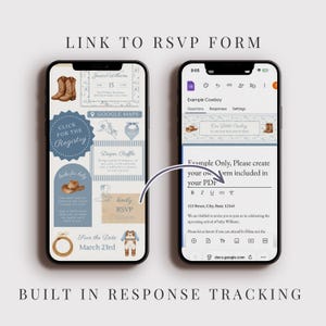 May include: Two smartphones displaying a baby shower invitation and RSVP form. The invitation features cowboy boots, a hat, and the text "Save the Date March 23rd." The RSVP form is a Google form.