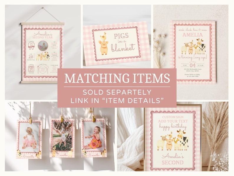 May include: A collection of pink and white themed birthday party decorations. Includes a wall hanging, cards, and framed signs with illustrations of farm animals and the text "Amelia's Second Year" and "Pigs in a blanket".