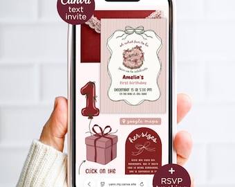 Girl Christmas 1st Birthday Invitation for Text, Editable Coquette Girls Oh What Fun to Be One Canva, Wishlist and RSVP tracking