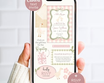Digital Silly Goose Girl Baby Shower Invitation with RSVP & Registry, Pink Canva Text Invite