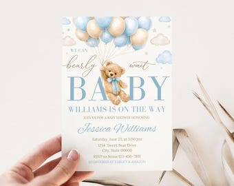 Invitación editable para baby shower con globos de oso pardo, invitación para baby shower "Apenas podemos esperar", invitación para baby shower con oso bohemio azul para niño (Canva Digital N7J8)
