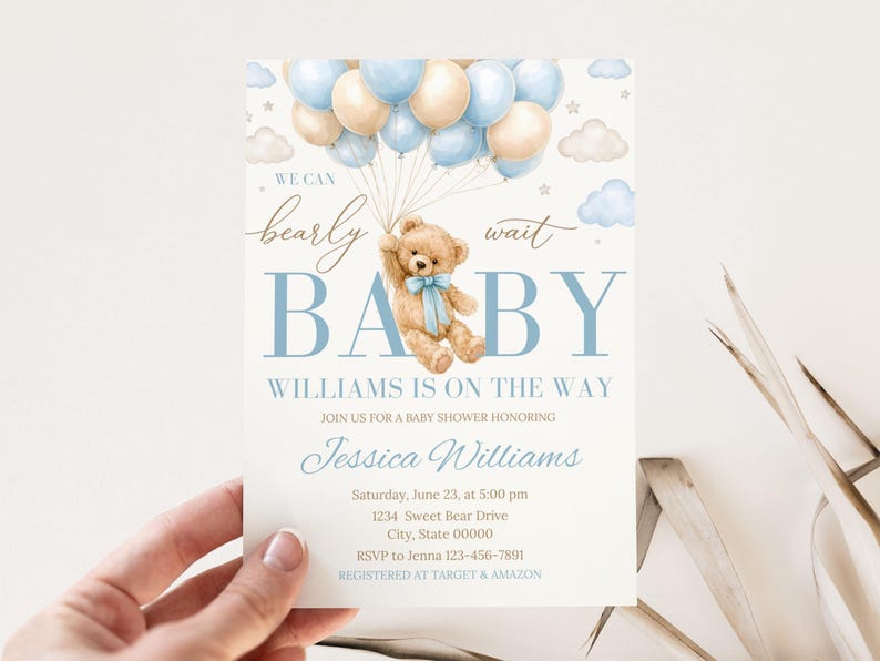 Editable teddy bear baby shower invitation with blue and beige balloons, “We Can Bearly Wait” theme, watercolor teddy bear holding balloons, boy baby shower invite template, Canva editable digital download, 5x7 printable invitation, classic vintage soft blue neutral design, elegant script fonts, baby boy shower decor, instant download template, printable or send digitally, cute bear baby shower invitation set