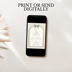 Silly goose baby shower invitation displayed on phone, sage green gingham design with duck illustration and greenery arch. Editable Canva template, send digitally or print, soft watercolor style, neutral baby shower invitation.