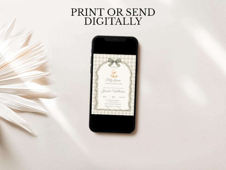 Silly goose baby shower invitation displayed on phone, sage green gingham design with duck illustration and greenery arch. Editable Canva template, send digitally or print, soft watercolor style, neutral baby shower invitation.