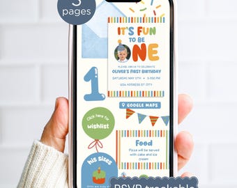 Invitación digital "Es divertido tener un año" con confirmación de asistencia y lista de deseos, invitación para el primer cumpleaños de niño, invitación colorida para el primer cumpleaños, plantilla editable de Canva para sitio web.