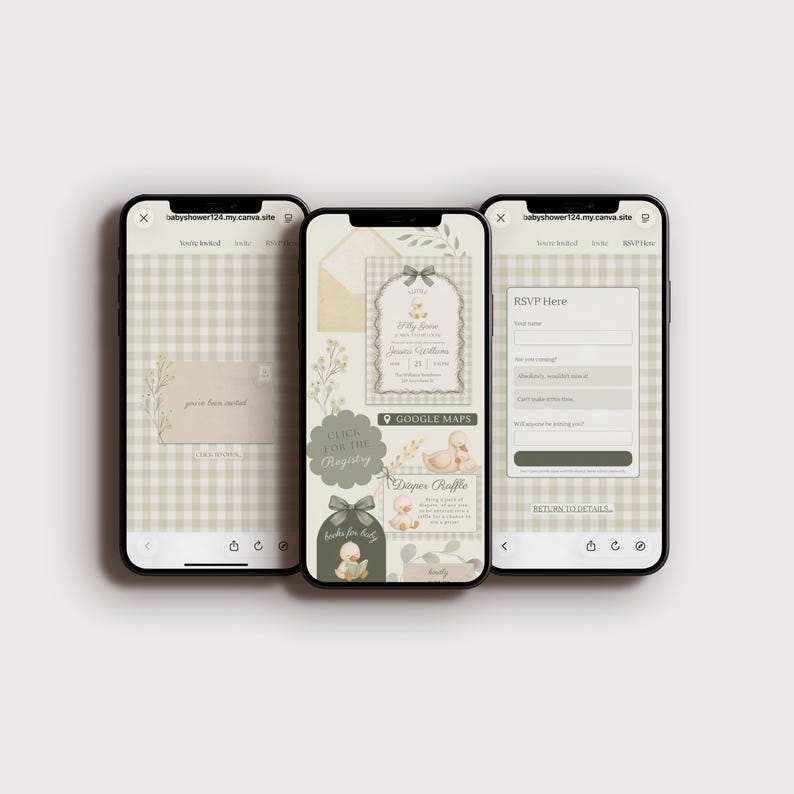May include: Three smartphones displaying baby shower invitation designs. The screens feature a soft green and beige color scheme with floral accents. Text includes "Click for the Registry" and "RSVP Here."