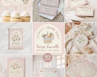Girl Locally Grown Baby Shower Bundle, Editable Games, Pink Gingham Signs, Canva Template, Y8A7