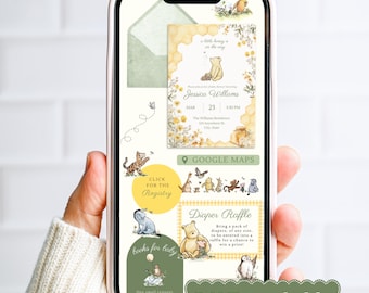 Plantilla clásica para sitio web de baby shower de Winnie the Pooh con invitación RSVP / Invitación editable de osito de peluche y miel en Canva para niño o niña (género neutro)