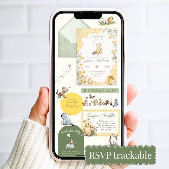 Classic Winnie The Pooh Baby Shower Website Template with RSVP Invitation | Editable Canva Teddy Bear Honey Invite Boy Girl Gender Neutral