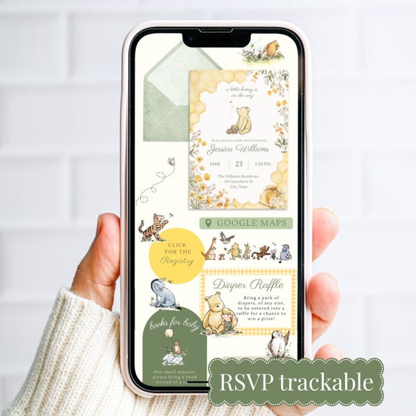 Classic Winnie The Pooh Baby Shower Website Template with RSVP Invitation | Editable Canva Teddy Bear Honey Invite Boy Girl Gender Neutral