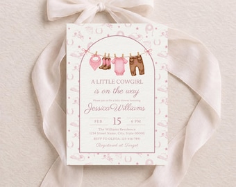 Little Cowgirl Baby Shower Invitation, Editable Western Rodeo Canva Invite, Pink Digital Download