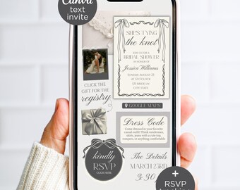Shes Tying the Knot Black and White Bridal Shower Invitation for Text, Editable Minimalist Bow Canva Website Invite RSVP tracking & Registry
