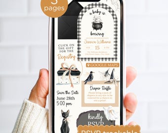 Digital Witch Baby Shower Invitation with RSVP & Registry Links, Brewing Halloween Canva Text Invite