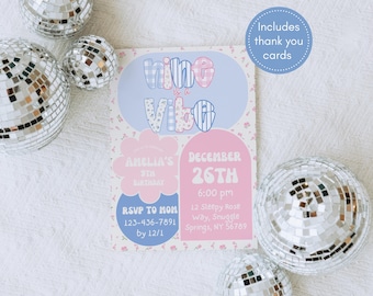 Invitación "Nine Is a Vibe" / Invitación floral para el noveno cumpleaños de una niña / Plantilla vintage editable de Canva / Descarga digital preppy
