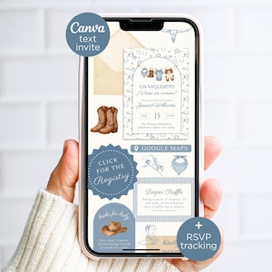May include: A digital baby shower invitation displayed on a smartphone screen featuring western-themed graphics like cowboy boots, a hat, and baby clothes on a clothesline. The text includes UN VAQUERITO, Diaper Raffle, and RSVP tracking details.