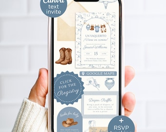 Digital Un Vaquerito Viene en Camino Invitación, Baby Shower Invitation Cowboy Spanish, Canva Text Evite