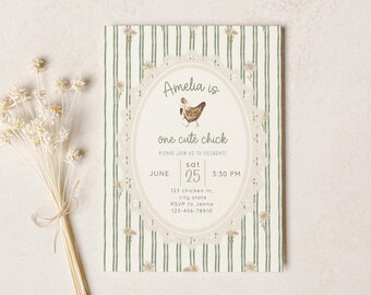 One Cute Chick 1st Birthday Invitation for Girl, Editable Farm Canva Invite, Digital Download