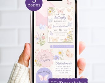 Invitación digital para baby shower con mariposas y registro de asistencia, invitación "Baby in Bloom" con mariposas y flores silvestres, plantilla editable de Canva.