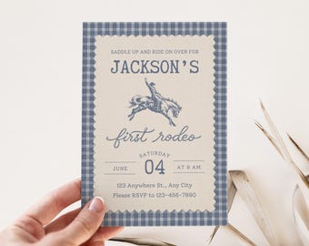 Invitación para mi primer rodeo de niño, estilo vaquero vintage, cumpleaños campestre del lejano oeste, plantilla editable de Canva con descarga instantánea.