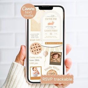 Puede incluir: Una invitación de cumpleaños digital en la pantalla de un teléfono inteligente con una paleta de colores beige y marrón. El diseño incluye un gráfico de pastel, el texto 'OUR LITTLE CUTIE PIE IS TURNING ONE', una foto de un bebé y botones.