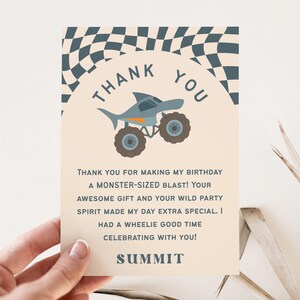 Matching editable Canva thank you cards for monster truck birthday. 5x7.