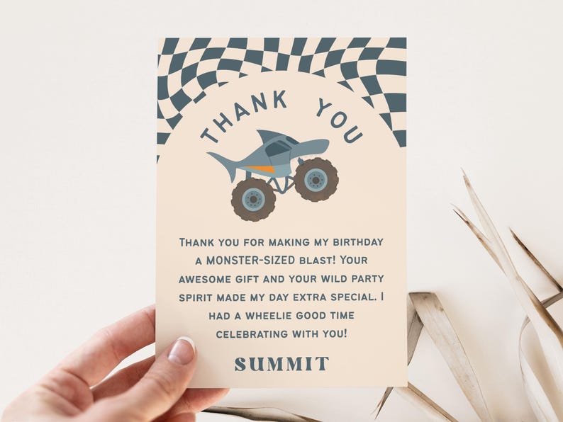 Matching editable Canva thank you cards for monster truck birthday. 5x7.