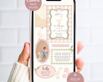 Digital Silly Goose First Birthday Invitation with RSVP, Pink Gingham Coquette Canva Template Text Invite