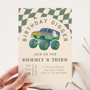 May include: Birthday invitation with a monster truck illustration. The design features a green and purple monster truck with a ghost, the text "BIRTHDAY DIGGER", and details for Summit's third birthday, including date, time, and location.