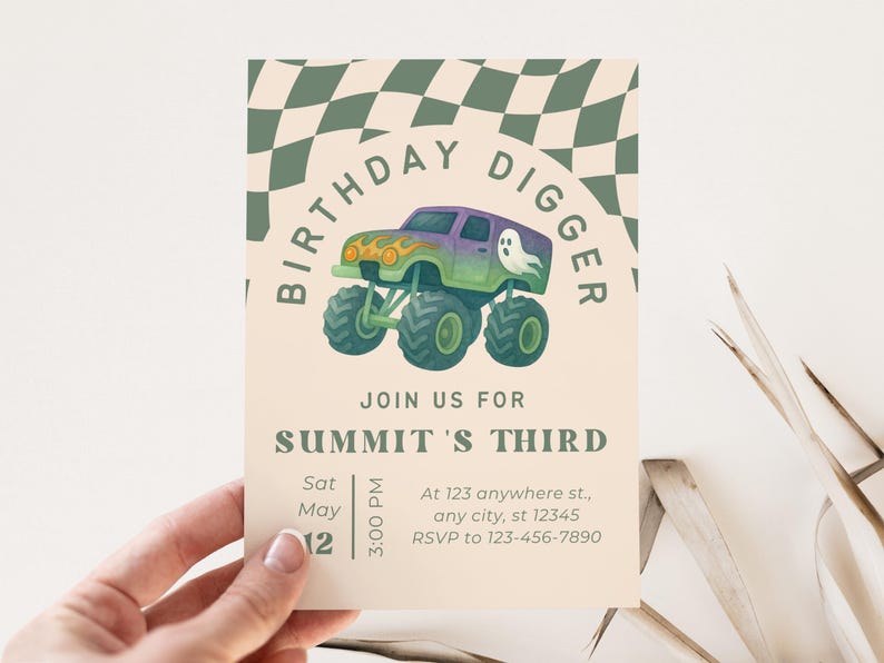 May include: Birthday invitation with a monster truck illustration. The design features a green and purple monster truck with a ghost, the text "BIRTHDAY DIGGER", and details for Summit's third birthday, including date, time, and location.