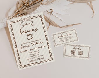 Invitación editable para baby shower "Baby is Brewing", invitación para amantes del café, invitación para niño o género neutro, invitación para fiesta de espresso, plantilla digital de Canva