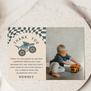 Matching editable Canva thank you cards for monster truck birthday. Printable and digital versions in retro boho truck party style with dirt track and racing truck design