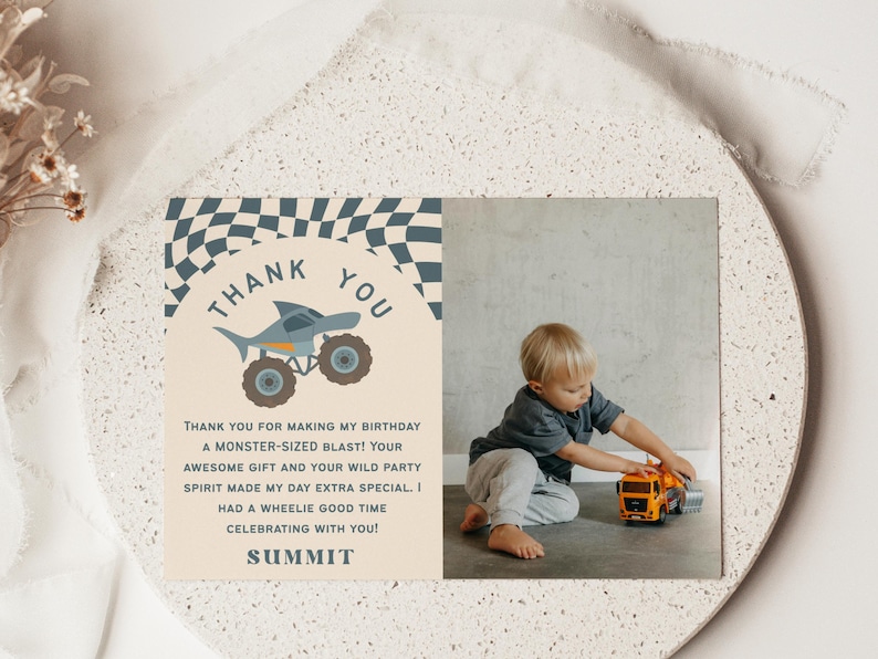 Matching editable Canva thank you cards for monster truck birthday. Printable and digital versions in retro boho truck party style with dirt track and racing truck design