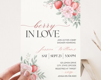 Strawberry Baby Shower Invitation for Girl, Editable Berry Sweet Canva Invite, Elegant Pink Digital Download