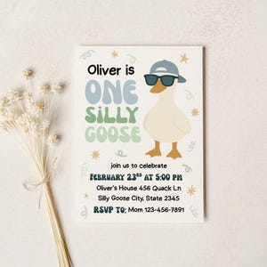 May include: A party invitation with the text "Oliver is ONE SILLY GOOSE" featuring a cartoon goose wearing sunglasses and a hat. The invitation includes the date, time, and location of the party, along with an RSVP contact.