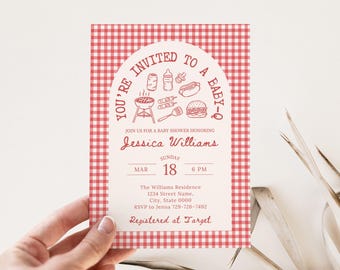BBQ Baby Shower Invitation Baby-Q Outdoor Backyard Picnic Invite Baby Que Gender Neutral or Boy Red Gingham Editable Canva Digital Download