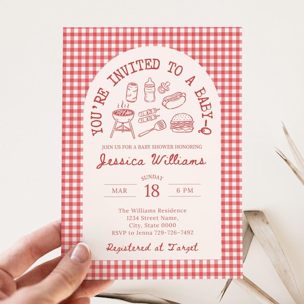 BBQ Baby Shower Invitation Baby-Q Outdoor Backyard Picnic Invite Baby Que Gender Neutral or Boy Red Gingham Editable Canva Digital Download