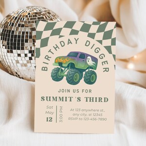 May include: A birthday invitation featuring a monster truck with a ghost graphic. The text reads "BIRTHDAY DIGGER" and "SUMMIT'S THIRD". The invitation includes date, time, and RSVP information. A disco ball is in the background.