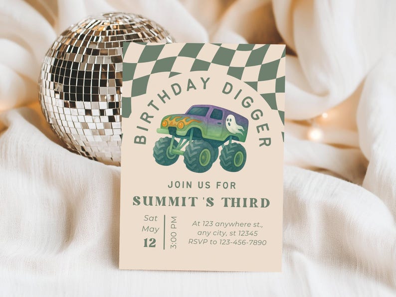 May include: A birthday invitation featuring a monster truck with a ghost graphic. The text reads "BIRTHDAY DIGGER" and "SUMMIT'S THIRD". The invitation includes date, time, and RSVP information. A disco ball is in the background.