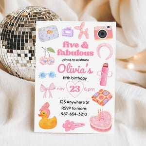 Inbjudan till 5-årsdag | Rosa trendig rosettinbjudan | Preppy Coquette Girl-fest | Redigerbar Canva-mall för femte födelsedag | Y5H2