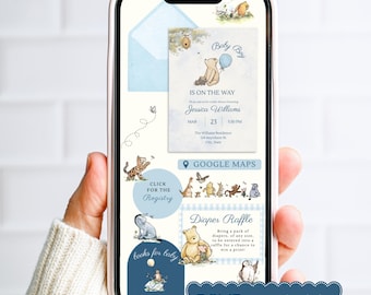Plantilla web clásica para baby shower de niño con Winnie the Pooh e invitación con confirmación de asistencia / Invitación editable de osito de peluche y miel en Canva, color azul