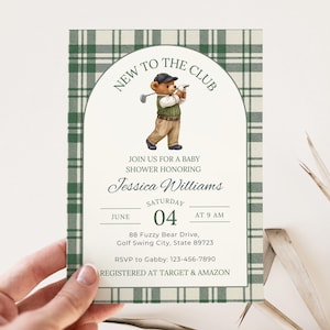 Golf Teddy Bear | Boy Golf Baby Shower Invitation | New to the Club Green Golfing  Invite Editable Canva Template | K4L9