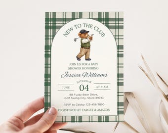 Golf Teddy Bear | Boy Golf Baby Shower Invitation | New to the Club Green Golfing  Invite Editable Canva Template | K4L9