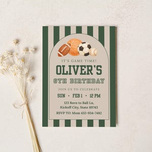 Sport Balls Birthday | Sports Party Invite, Basketball Baseball Football | Digital Editable Canva Template | Printable